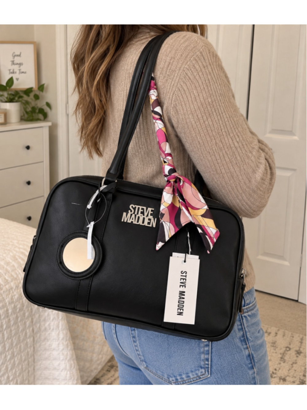 NWT Steve Madden Black East West Bowler Satchel Bag Scarf Mirror Charm